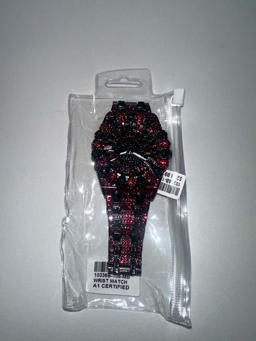 Red and black rhinestone iced out wrist watch